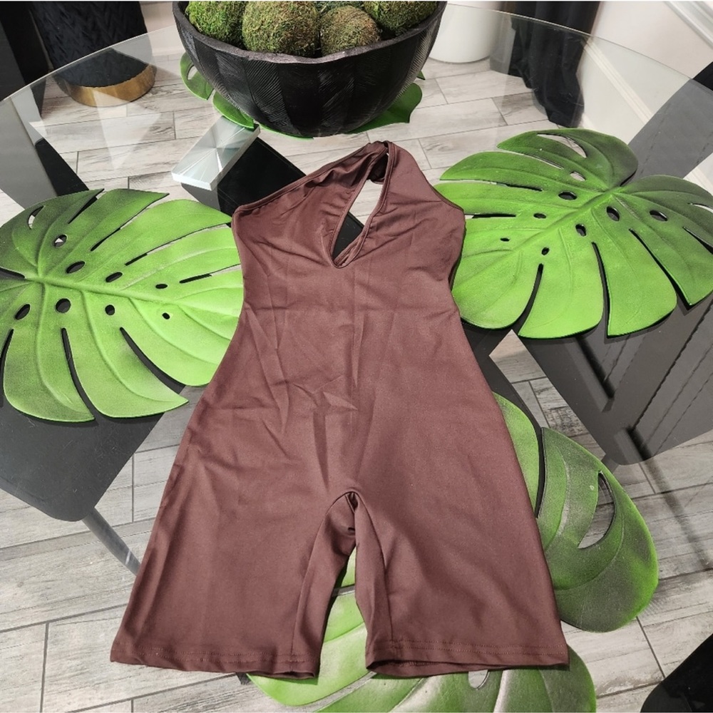 New! Chocolate Brown Cut Out Spandex Bike Short Romper - Picture 4 of 4